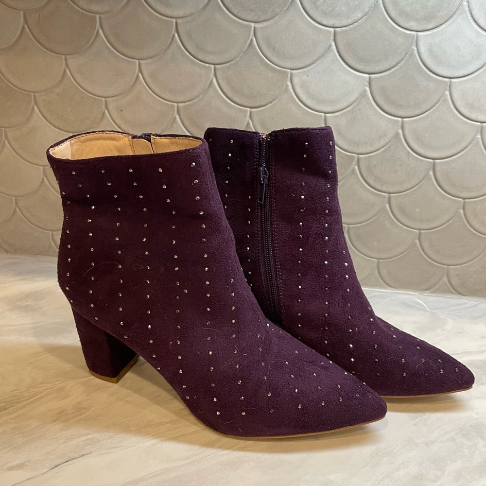 Halston Plum Purple Suede Ankle Boots with Rhinestones